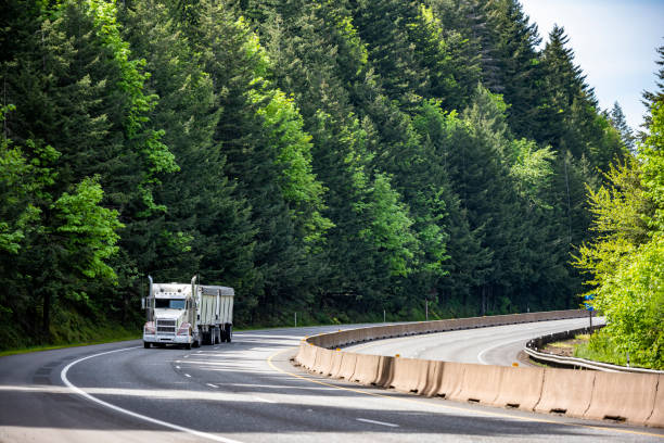 istock Classic big rig semi truck with aluminum grille guard transporting cargo in two covered bulk semi trailers turning on the wide divided highway road with old green forest 1320745111