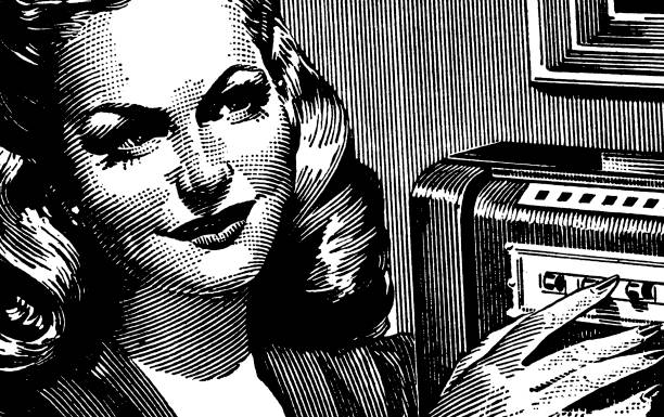 illustrations, cliparts, dessins animés et icônes de souriant femme - woman taking radio vintage