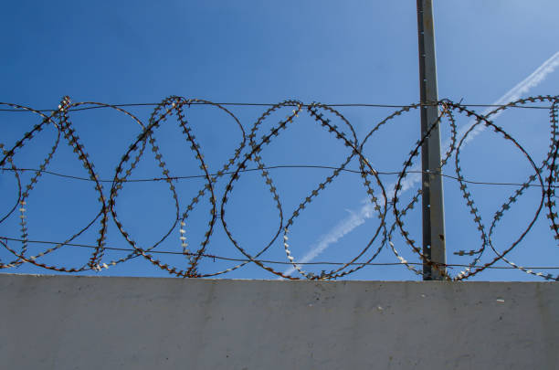 istock concrete wall and tangled iron barbed wire on blue sky background 1320747228