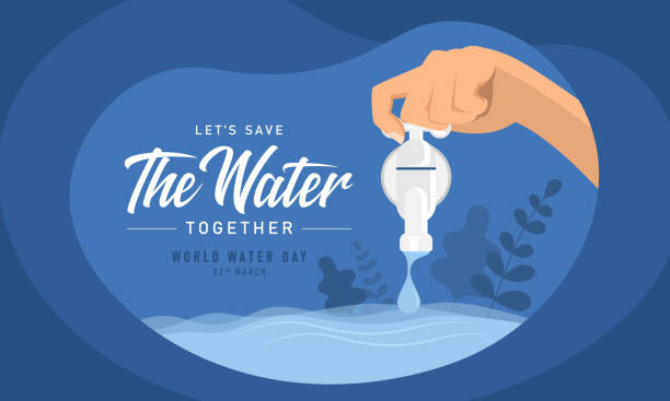 ilustrações, clipart, desenhos animados e ícones de dia mundial da água, vamos salvar a água juntos texto e mão fechar gota de água do projeto vetorial da torneira de água - conservação da água