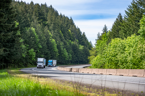 Two big rig industrial semi truck tractors transporting commercial cargo in different semi trailers running at same direction on highway road with green forest trees in Columbia Gorge