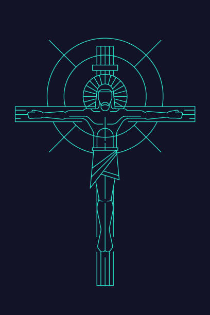 abstrakcyjna jasnozielona linia jezus chrystus ukrzyżowany na krzyżu i ciemne tło projekt ilustracji wektorowej - rio de janeiro christ the redeemer jesus christ vector stock illustrations