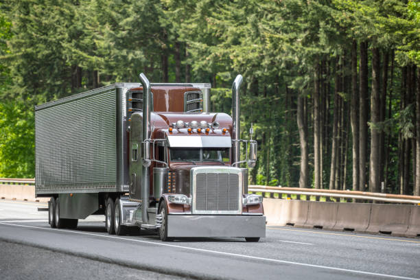 Brown big rig semi truck tractor with vertical chrome pipes transporting cargo in polished corrugated aluminum refrigerator semi trailer running on the green forest highway road in Columbia Gorge brown clásico elegante gran plataforma semi camión tractor con gran cantidad de cromo y accesorios ligeros que transportan carga congelada en el refrigerador semirremolque que se ejecuta en la carretera de la carretera con pinos en el lado