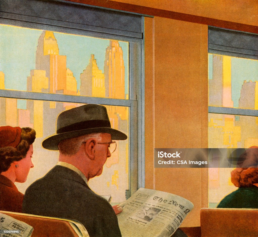 Hombre leyendo en tren - Ilustración de stock de Ilustración libre de derechos