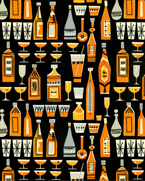 Cocktails and Liquor Bottle Pattern Cocktails and Liquor Bottle Pattern happy hour illustrations stock illustrations