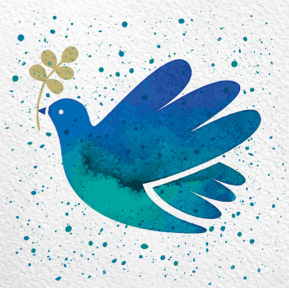 Vector watercolor dove of peace with splattered paint drops. Peace and hope greeting card. Fresh and modern design. Blue splattered hand paint.
