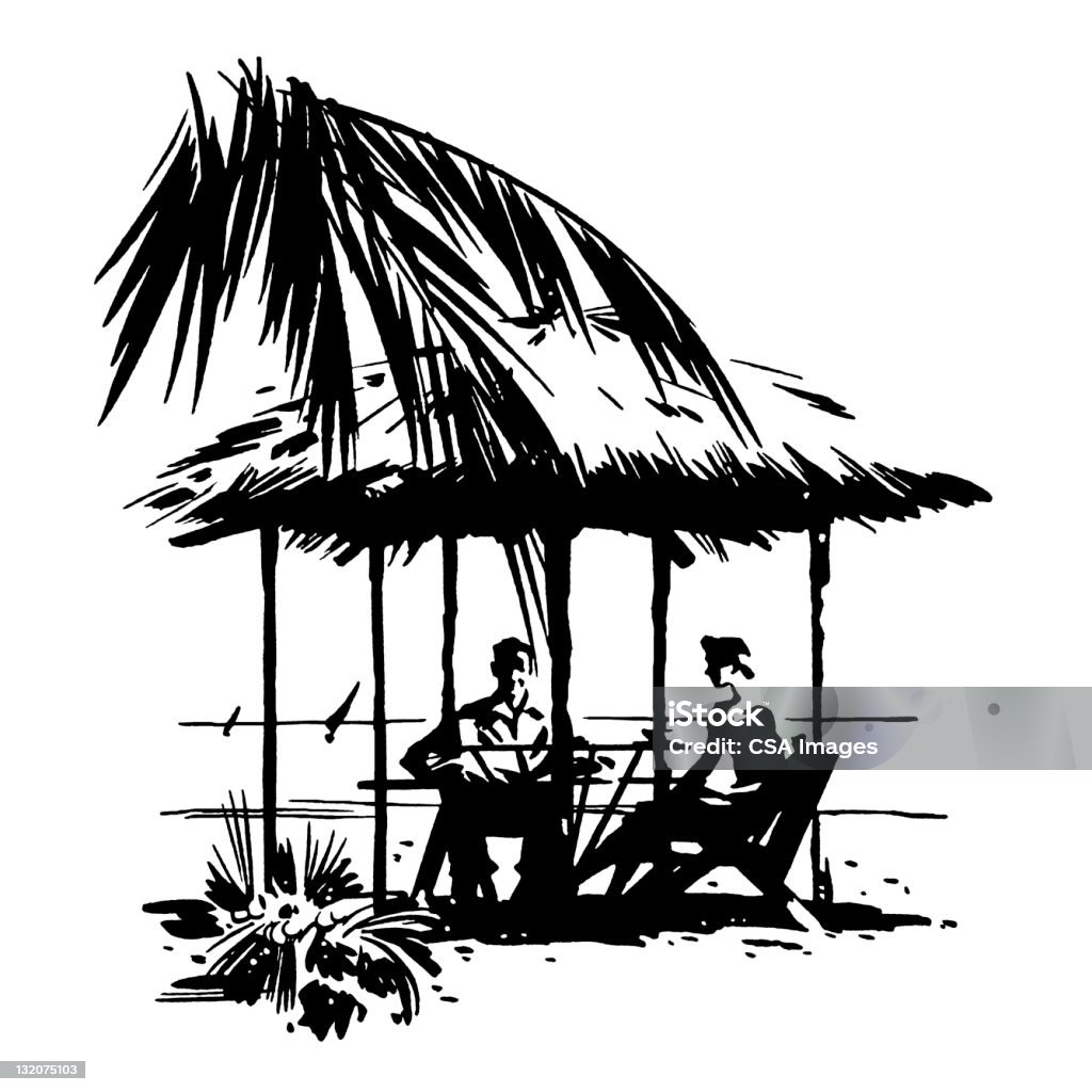 Мужчина и женщина, сидящая в хижина - Стоковые иллюстрации Тростниковый навес роялти-фри