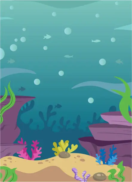Vector illustration of Underwater Aquatic Scene with Cute Adorable Fishes Water Corals Plants Rocks Sand. Ocean Background Scene. Underwater Elements Set. Kids Book Fishes Illustration Hand Drawn. Fishes undersea. Aquarium.