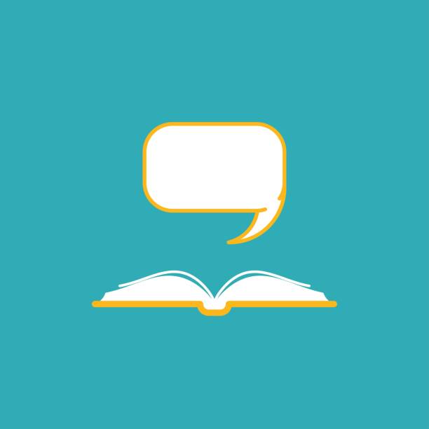 istock Open book with golden book cover and white speech bubble flying out. Isolated on powder blue background. 1320751837