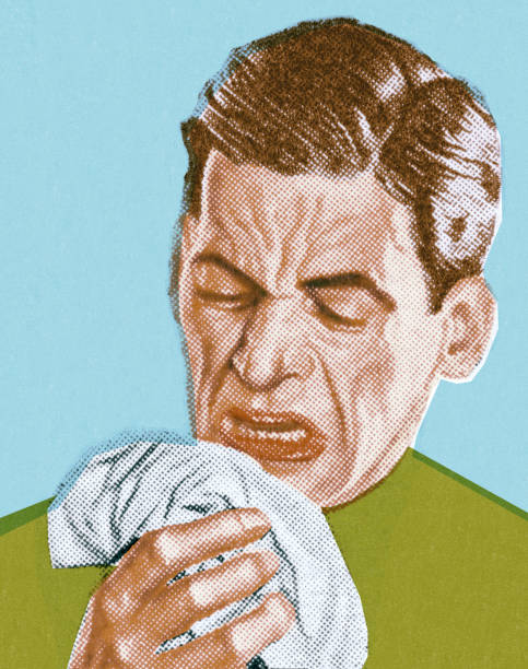 ilustraciones, imágenes clip art, dibujos animados e iconos de stock de hombre estornudos - color image colored background close up human face