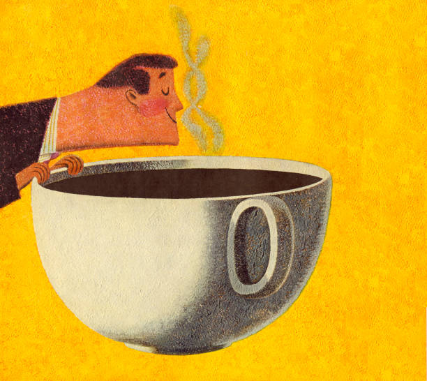 stockillustraties, clipart, cartoons en iconen met man smelling giant cup of coffee - ruiken