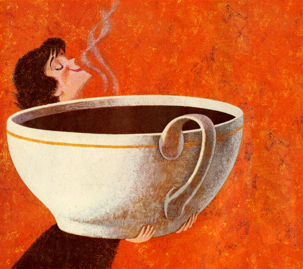 여자 에서 자이언트 커피 - color image colored background man made object people stock illustrations