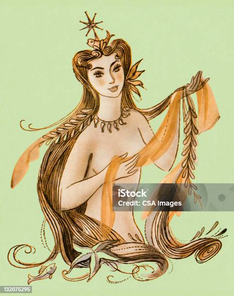 Sirena - Immagini vettoriali stock e altre immagini di Sirena - Essere acquatico - Sirena - Essere acquatico, Vecchio stile, Adulto