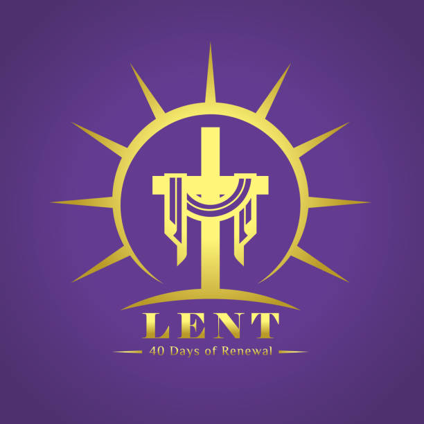Lent, 40 days of renewal word under  gold lent cross in circle sunset sign on purple background vector Design Lent, 40 days of renewal word under  gold lent cross in circle sunset sign on purple background vector Design lent stock illustrations