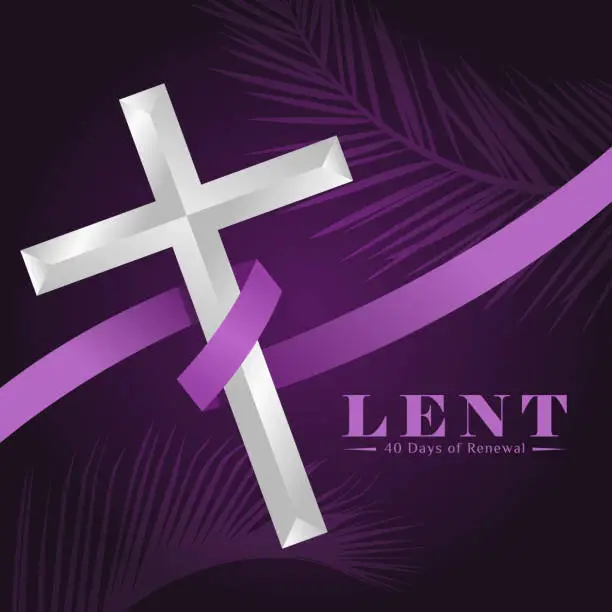 Vector illustration of lent, 40 days of renewal with purple ribbon roll around silver cross crucifix sign on dark purple plam leaf texture background vector Design