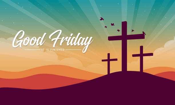 ilustrações de stock, clip art, desenhos animados e ícones de good friday, it is finished text banner with cross crucifix on hill and bird flying at sunset for good friday vector design - god spirituality religion metal