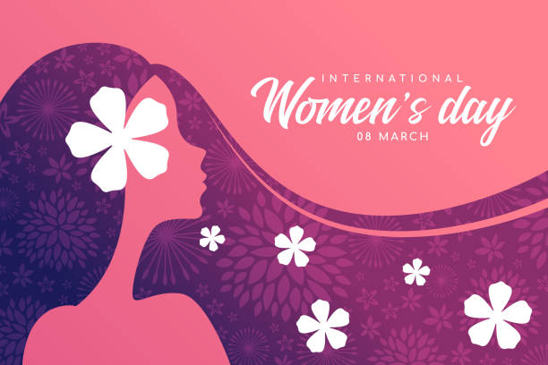 International women's day banner - woman Long haired with flora texture and Put a flower on the ear sign vector design International women's day banner - woman Long haired with flora texture and Put a flower on the ear sign vector design put stock illustrations