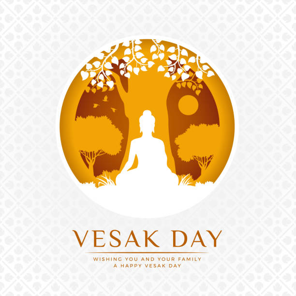 Vesak day banner - white and Yellow The lord buddha Meditate under bodhi tree in circle layer style on white flower texture background vector design Vesak day banner - white and Yellow The lord buddha Meditate under bodhi tree in circle layer style on white flower texture background vector design religious occupation stock illustrations