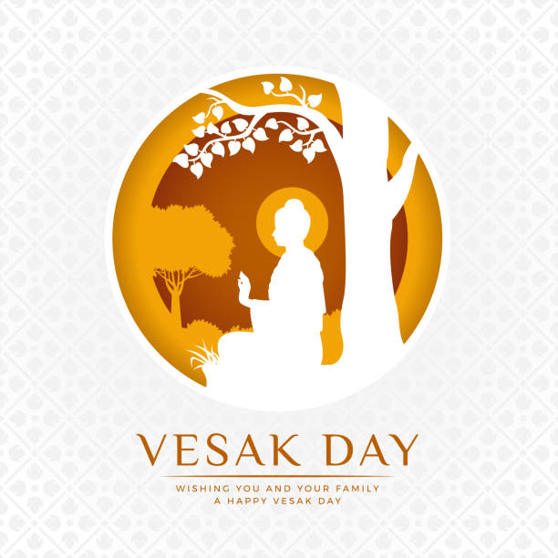 Vesak day banner - white and Yellow The lord buddha Meditate under bodhi tree in circle layer style on white flower texture background vector design Vesak day banner - white and Yellow The lord buddha Meditate under bodhi tree in circle layer style on white flower texture background vector design vesak day stock illustrations