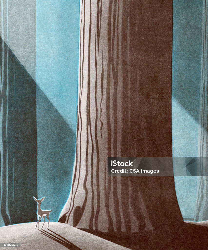 鹿に大型の木 - 幹のロイヤリティフリーストックイラストレーション