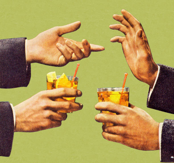 dwóch mężczyzn rozmawiać z rąk i przechowywania napojów - whisky alcohol glass party stock illustrations