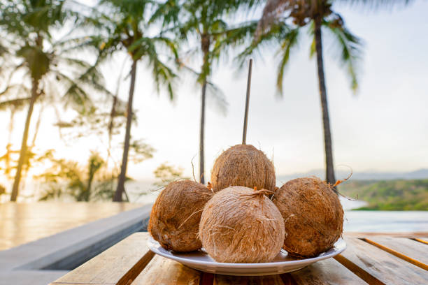 istock A plate of coconuts on a wooden table against a tropical background 1320755969