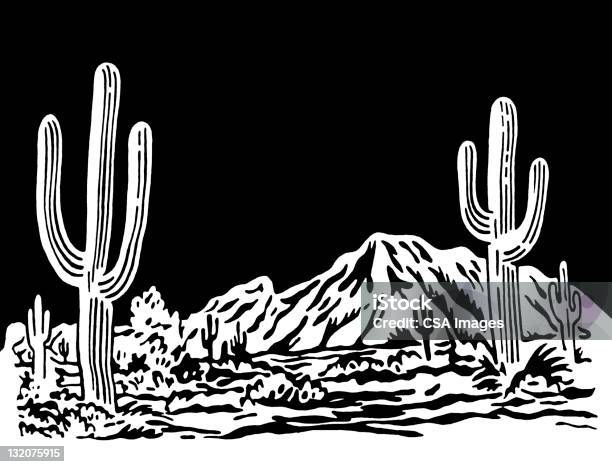 Scena Deserto Di Notte - Immagini vettoriali stock e altre immagini di Bianco e nero - Bianco e nero, Deserto, Line Art