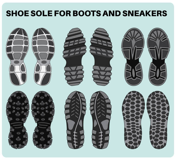 podeszwa butów wzór wzór wektor do obuwia, trampki, buty, sandały, chukkas, kapcie i klapki. sylwetki na buty sportowe, buty do biegania, buty turystyczne i buty do śledzenia - shoe boot pattern canvas shoe stock illustrations