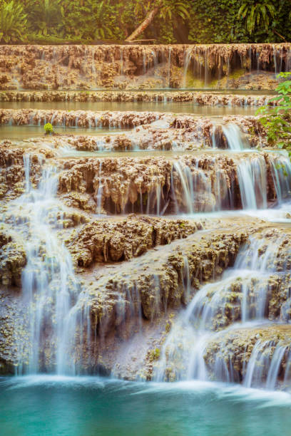 Krushuna waterfalls turquoise water terraces and pools, the biggest travertine cascade in Bulgaria