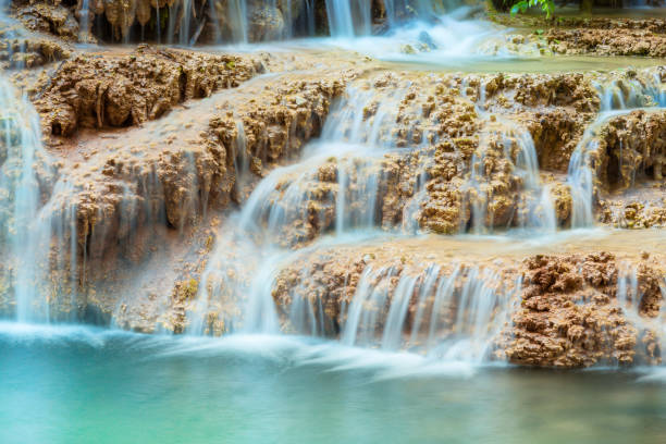 Krushuna waterfalls turquoise water terraces and pools, the biggest travertine cascade in Bulgaria