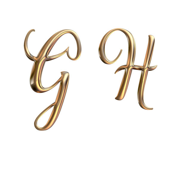 alfabet 3d, złote wielkie litery g h, - letter h alphabet metal three dimensional shape zdjęcia i obrazy z banku zdjęć