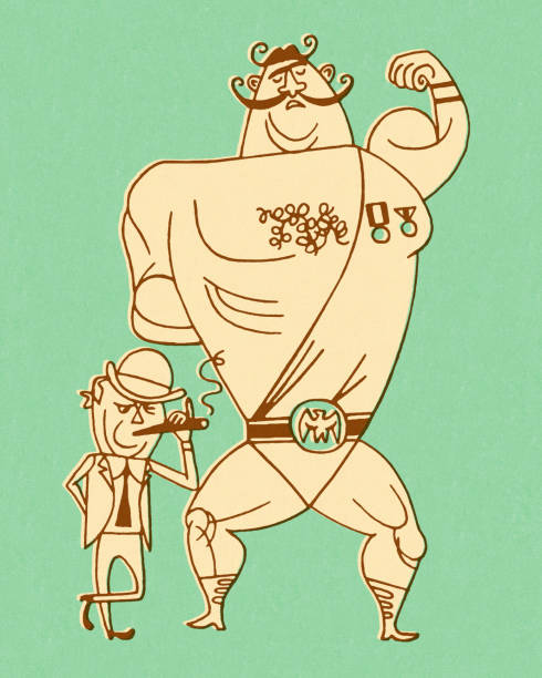 große wrestler stehen neben manager - circus strongman men muscular build stock-grafiken, -clipart, -cartoons und -symbole