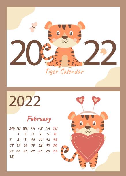 kalender und deckblatt für februar 2022. netter tigerjunge mit herz, gratuliert zum valentinstag.  vektor. horizontale a4-vorlage. die woche beginnt am montag. jahr des tigers auf chinesisch oder orienta - calendar wall valentines day cute stock-grafiken, -clipart, -cartoons und -symbole