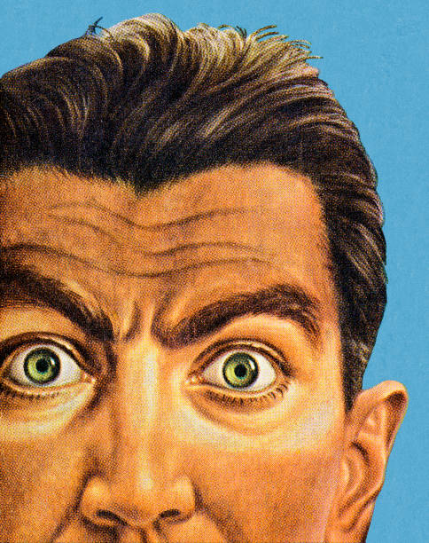 ilustraciones, imágenes clip art, dibujos animados e iconos de stock de gran eyed hombre - color image colored background close up human face
