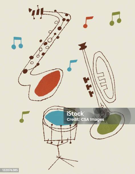 Tambour De Saxophone Et De Trompette Vecteurs libres de droits et plus d'images vectorielles de Art du spectacle - Art du spectacle, Cornet, Fond coloré