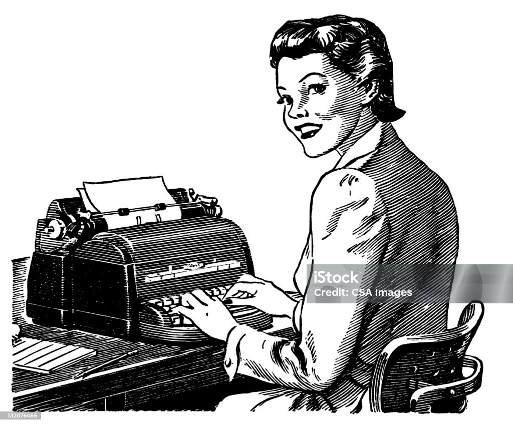 Woman Typing on Typewriter at Desk Typewriter stock illustration