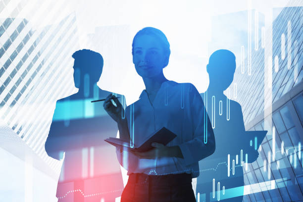 istock Three business people silhouettes in city with graphs 1320764788