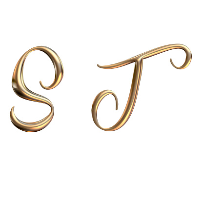 3d alphabet, Golden uppercase letters S T, 3d rendering
