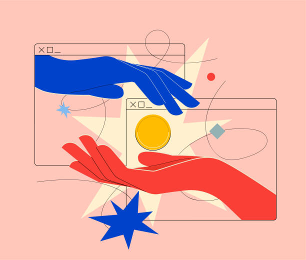 Online payment on online money or cryptocurrency transfer or currency exchange concept with two hands coming out of browser pass each other a golden coin. Minimalistic vector illustration vector art illustration