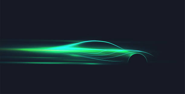 Green neon glowing in the dark electric car on high speed running concept. Fast ev silhouette. Vector illustration Green neon glowing in the dark electric car on high speed running concept. Fast ev silhouette. Vector eps 10 illustration car technology stock illustrations