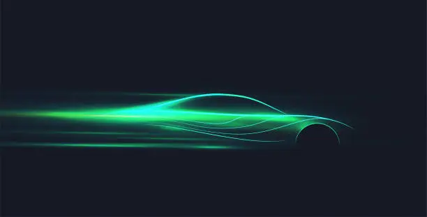 Vector illustration of Green neon glowing in the dark electric car on high speed running concept. Fast ev silhouette. Vector illustration