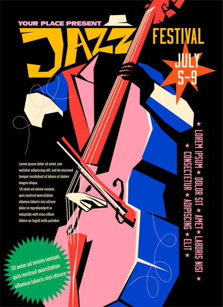 ilustraciones, imágenes clip art, dibujos animados e iconos de stock de colorido festival de jazz o folleto de fiesta o plantilla de diseño de póster con pagador de jazz abstracto sobre fondo negro. ilustración vectorial - jazz