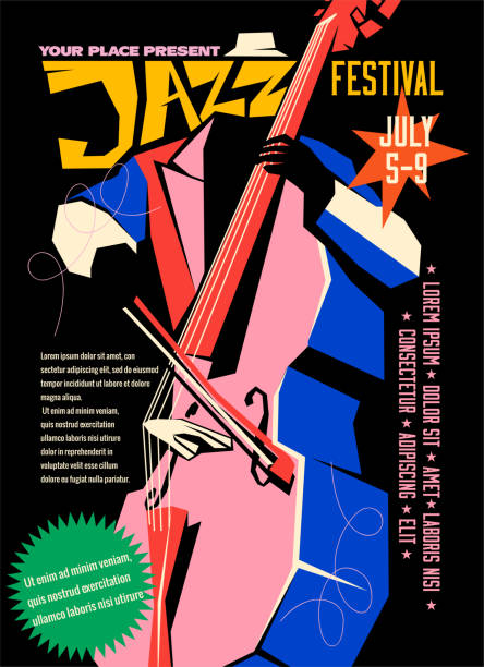 화려한 재즈 페스티벌 또는 파티 전단지 또는 포스터 디자인 템플릿에 추상적인 재즈 지불인이 검은 색 배경을 가지고 있습니다. 벡터 일러스트레이션 - jazz stock illustrations