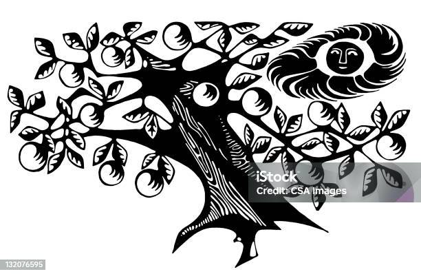 Sun And Fruit Tree Stock Illustration - Download Image Now - Apple - Fruit, Black And White, Branch - Plant Part