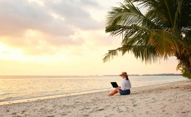 istock Young female freelancer wearing straw hat working on laptop while sitting on tropical beach at sunset 1320766152