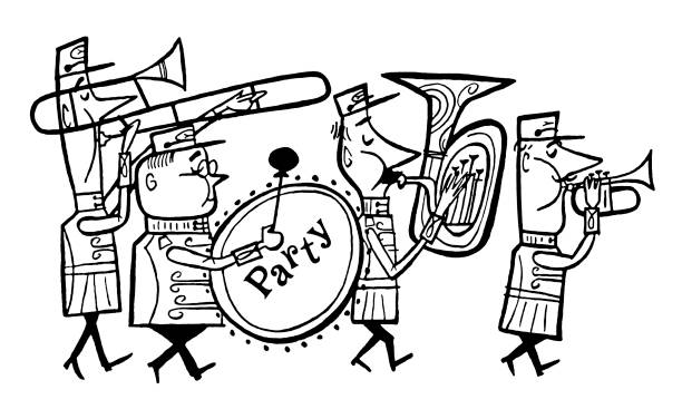 ilustraciones, imágenes clip art, dibujos animados e iconos de stock de banda de marcha - parade marching band trumpet musical instrument