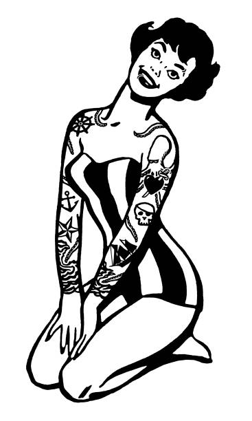 Pinup with Tattoos and Piercings Pinup with Tattoos and Piercings vintage pin up girl tattoo stock illustrations