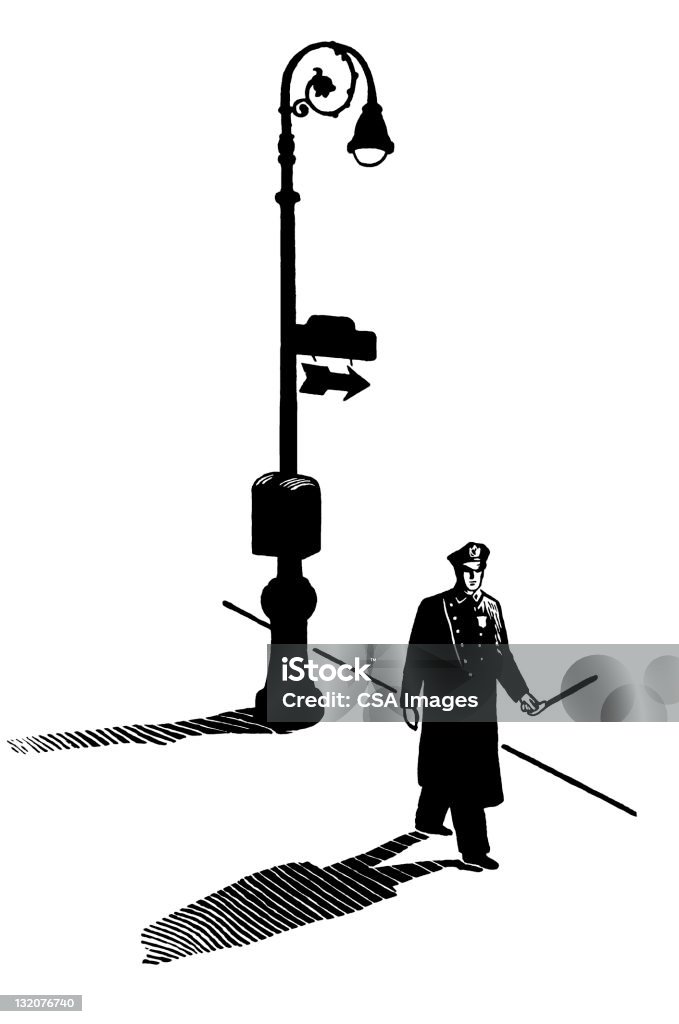 Policeman chodzenie w dół ulicy - Zbiór ilustracji royalty-free (Bezpieczeństwo)