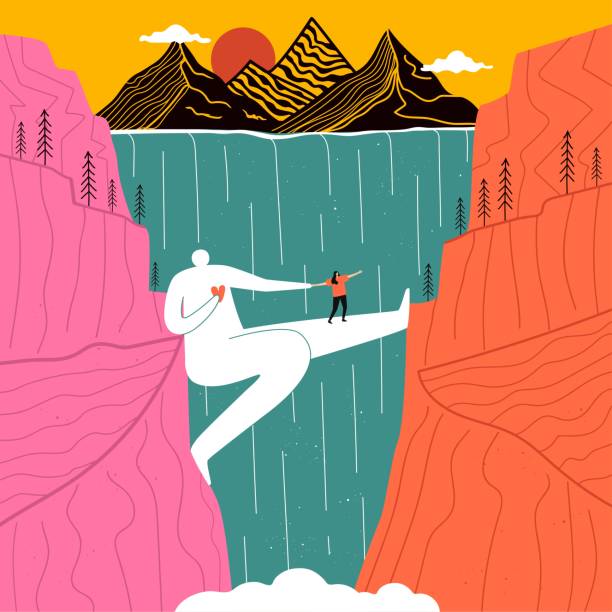 ilustraciones, imágenes clip art, dibujos animados e iconos de stock de enorme hombre que actúa como puente para chica a través del cañón con cascada. montañas y sol de fondo. - consejo ilustraciones