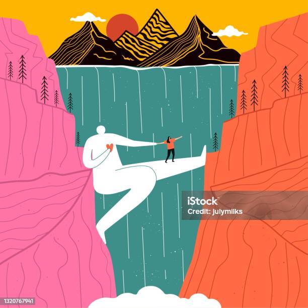 Huge Man Who Acts As Bridge For Girl Across Canyon With Waterfall Mountains And Sun In Background Stock Illustration - Download Image Now